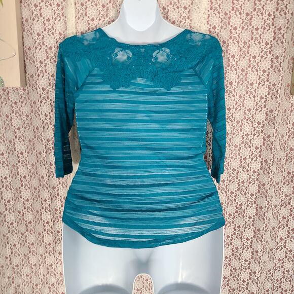 NWT Self esteem turquoise sheer striped lace blouse size large - Picture 6 of 9